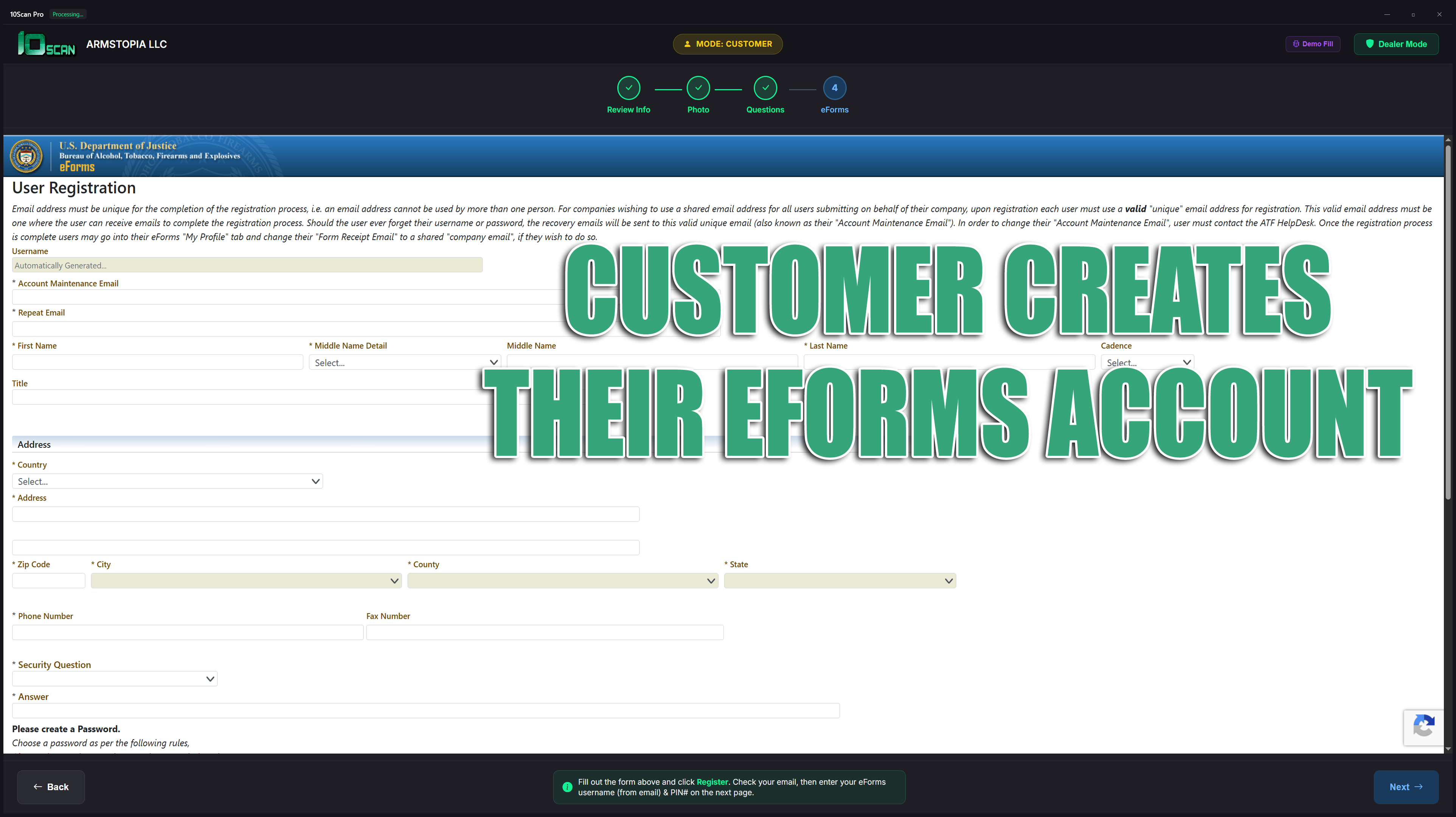 10Scan NFA customer eForms account creation